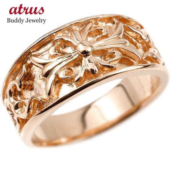 メンズ リング ピンクゴールドk18 ファッション クロス ユリの花 指輪 幅広 ピンキーリング 指輪 地金 リング シンプル 宝石なし ピンキーリング フルール ド リス 18金 男性用 送料無料 1807tp101gm ジュエリー工房アトラス