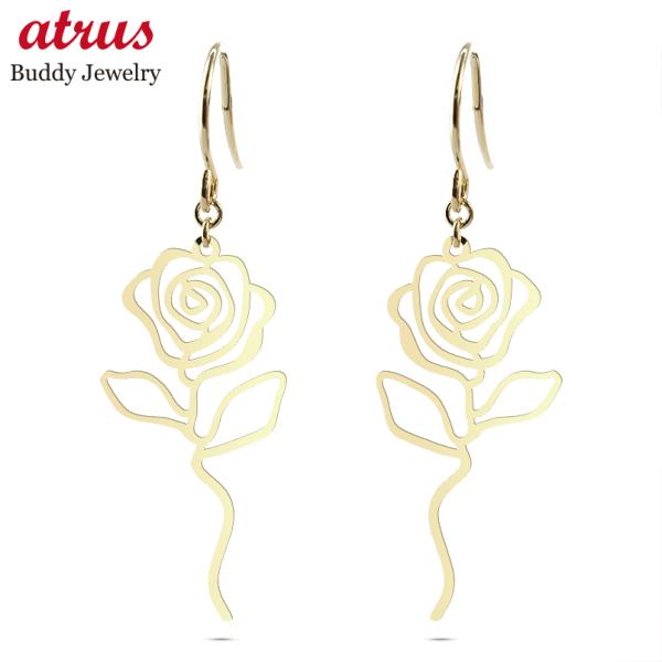18金 ピアス ペア レディース 薔薇 花 フックピアス 揺れる 大ぶり ゴールド 18k 透かし ばら バラ ローズ ロングピアス あすつく 送料無料 セール sale