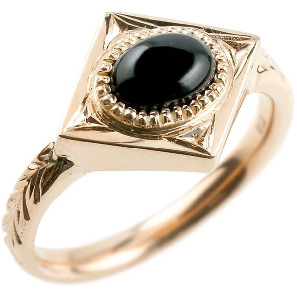 ピンクゴールドk18 指輪 ハワイアンジュエリー メンズ スクエア リング 18金 男性用 指輪 男性用 ストレート リング オニキス 菱形 ピンキーリング リング 送料無料 gm かがやきジュエリー工房アトラス