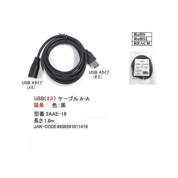 【2AAE-18】USB延長ケーブル　1.8m　A-Aタイプ(オス/メス)