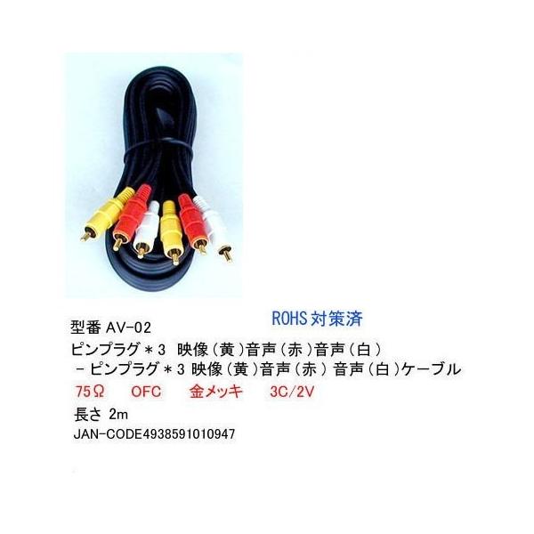 【AV-02】AVケーブル　RCAピンプラグx3(黄/赤/白)　2m　バルク発送（開封）