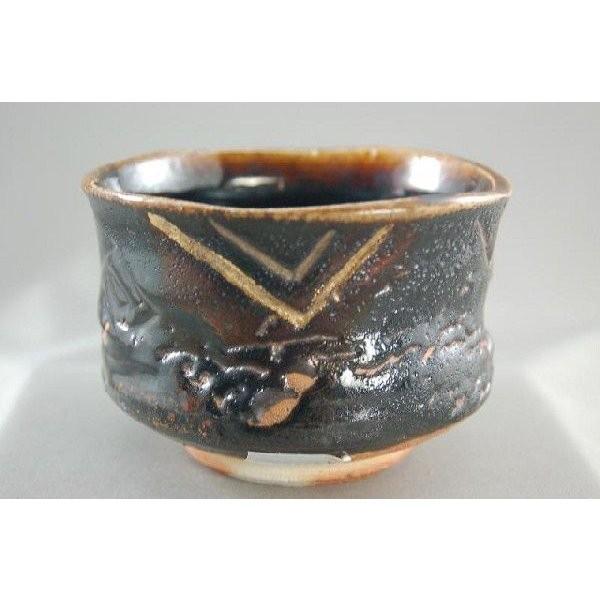 a669 送料込 黒扇面草花茶盌 抹茶碗 清川外喜作 在銘 共