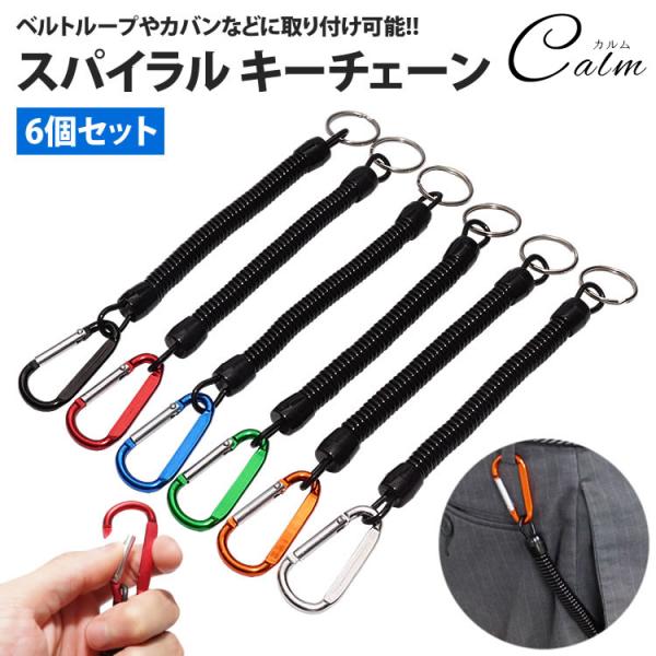 キーチェーン スパイラル 6個セット カラビナ付き キーリング