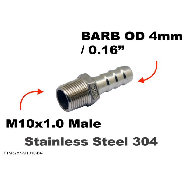 ステンレス材質　センサー　アダプター ホース継手　オスM10x1.0 - ホース差込ジョイント外径 4mm / 0.16