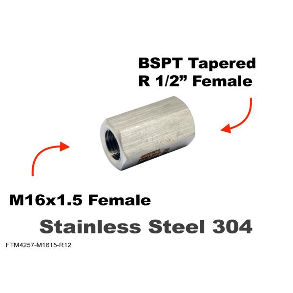 ステンレス材質　センサー　アダプター メスーメス変換継手　メスM16x1.5 - メス（BSPT・ZG・PT） R 1/2