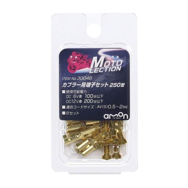 カプラー用端子セット 8セット バイク 電装系 パーツ 接続 スペア端子 250型 平型 DC6V車 100W以下 DC12V車 200W以下 AV(S)0.5-2sq エーモン 30046