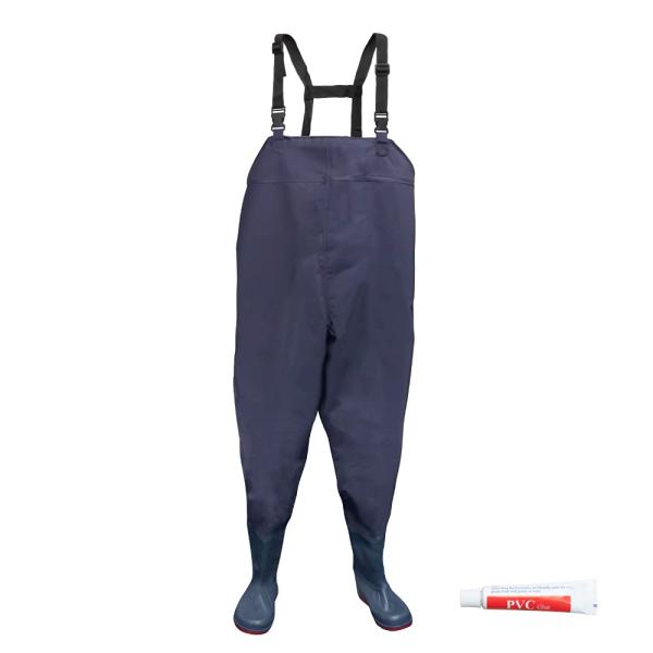 「商品情報」「主な仕様」水から体をしっかり守るチェストハイウェーダー。しっかり防水できるPVC素材。長さ調節が可能なので身長に合わせることができます。胸元の内側にはポケット付き。補修用接着剤付きで穴が開いても安心。