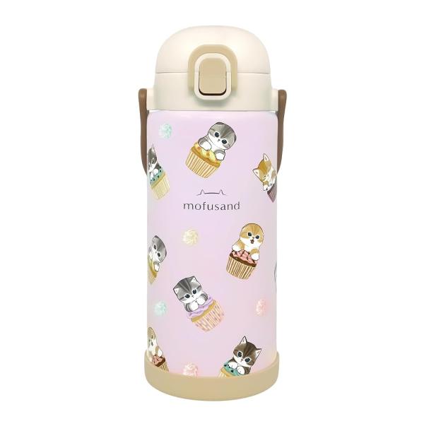 mofusand 真空二重 保冷専用 ステンレスボトル 1000ml 【 カップケーキにゃん 】 ロックカバー 可動式ハンドル付き 保冷6時間 直飲みタイプ 水筒 53-2166