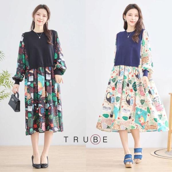 TRUBE ワンピース 長袖 チュニック 異素材切替 フレアー ミモレ丈