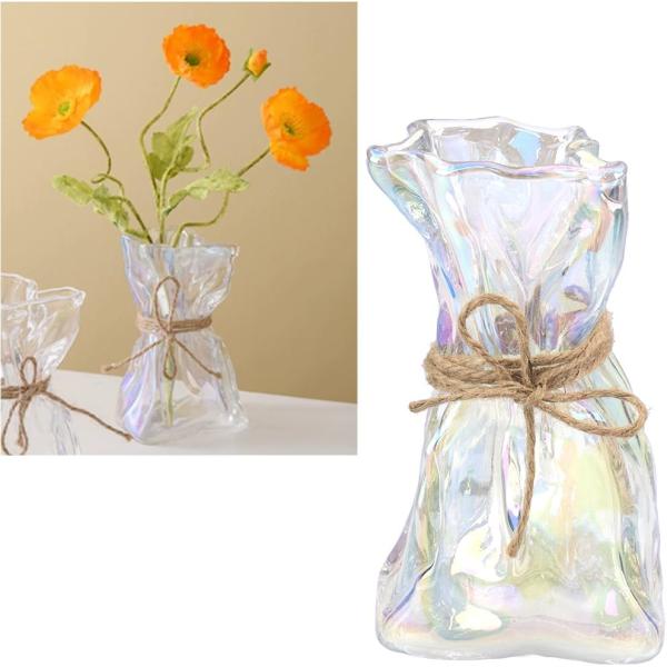 花瓶 ラッピング風 フラワーベース ミニサイズ 高さ16cm 一輪挿し 生花/ドライフラワー くしゃくしゃ感 ガラス (オーロラ)