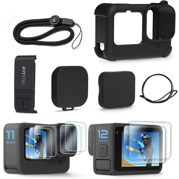 GoPro ゴープロ Hero 12 11 10 9 ブラック用 アクセサリーキット バッテリーサイドカバー スクリーンプロテクター レンズキャップ ストラップ AKM-194 爆買
