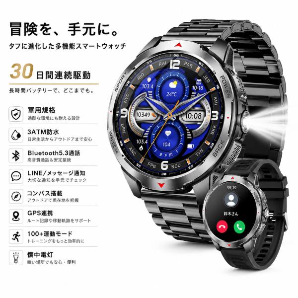 スマートウォッチ 30日間連続駆動 軍用規格 3ATM防水 Bluetooth5.3通話 LINE/メッセージ通知 1.7インチ コンパス搭載 SMW-039 爆買