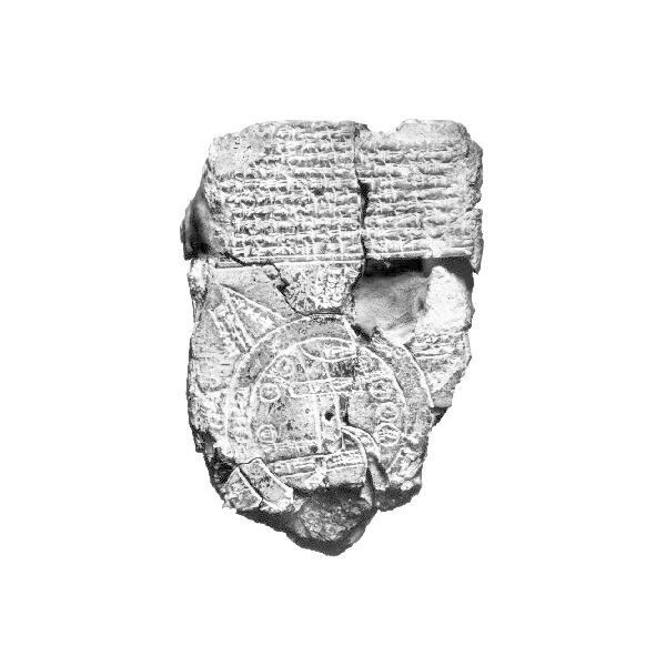 バビロニア世界地図Nclayタブレット。世界の地域のアウトラインマップと南バビロニアから紀元前2300年頃に君臨したサルゴンオブアガデの征服に関連するテキスト