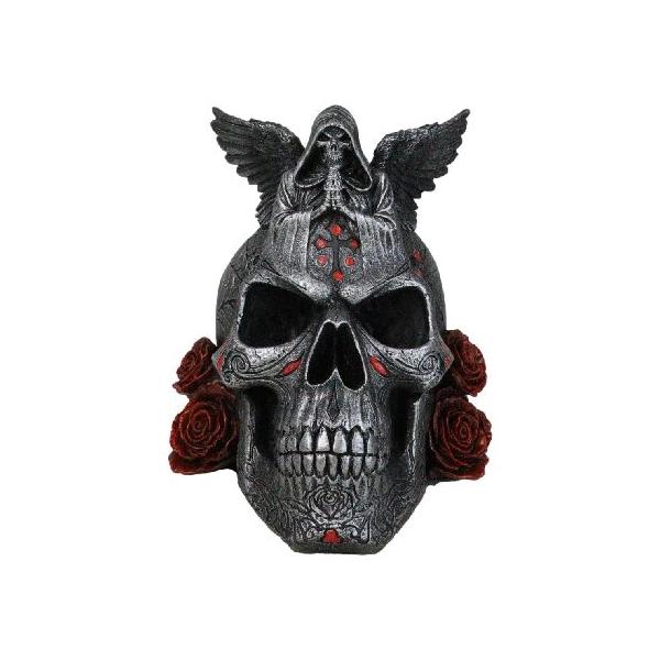Ebros Gift Pray for The Dead Gothic Grim Reaper On Tribal Skeleton Skull with Red Roses Figurine 6.5" Tall Time Waits for No Man Angel of Death As Oss