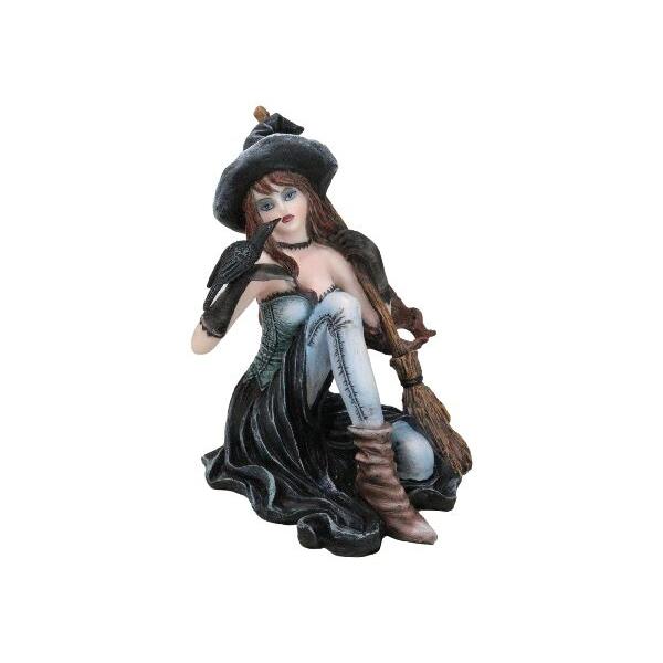 Ebros Gift Gothic Black Witch Sorceress with Raven Crow and Magical Broomstick Collectible Figurine 5.5" H Halloween Witchcraft Wicca