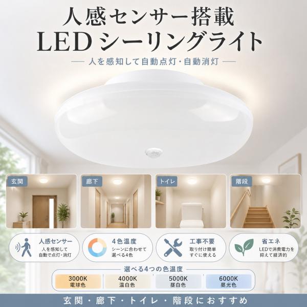 シーリングライト led 6畳 4畳 人感センサーライト LEDシーリングライト 人感センサー付き 自動点灯 丸型 ミニシーリングライト 工事不要 廊下 玄関 トイレ照明