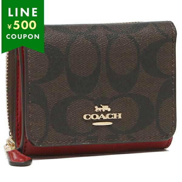 COACH コーチ 三つ折り財布 シグネチャー ミニ財布 ブラウン レッド 