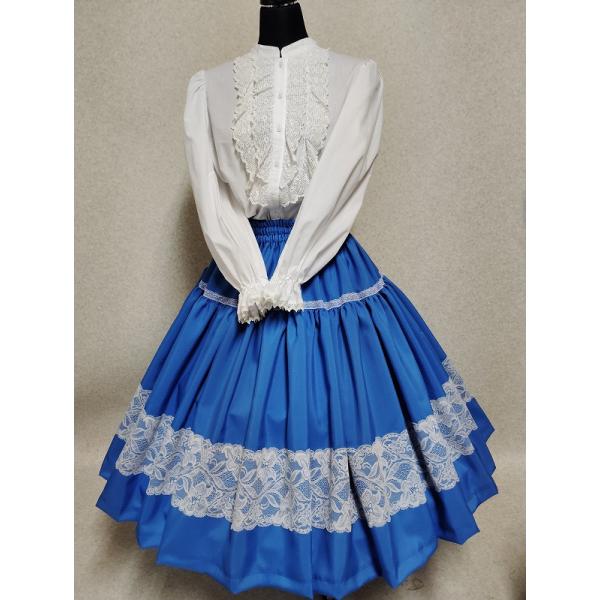 【美品 日本製 フォークダンス衣装】ブルー Romi Mother 上下セット フォークダンス スカート ブルーレースサイズ調節可能 : フォーク