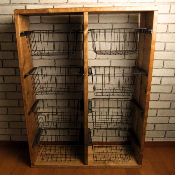 黒アイアン ラタンラック×8引出し バスケット棚 キャスター付 昭和レトロ