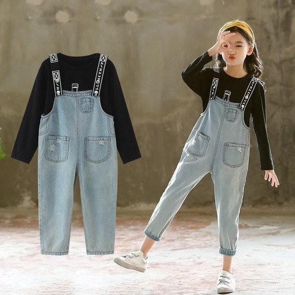 韓国子供服 女の子 デニム サロペットパンツ ２点セット 長袖 Tシャツ サロペット 春秋服 子供トップス オーバーオール 女児 Y アユストア 通販 Yahoo ショッピング