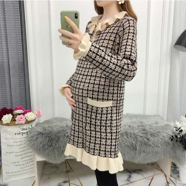 マタニティ ワンピース 妊娠 秋冬 リブニット タイト ストレッチ ロング 長袖 ハイネック格子柄 無地 きれいめ 結婚式 レディース 大きいサイズ Edecor Com Es