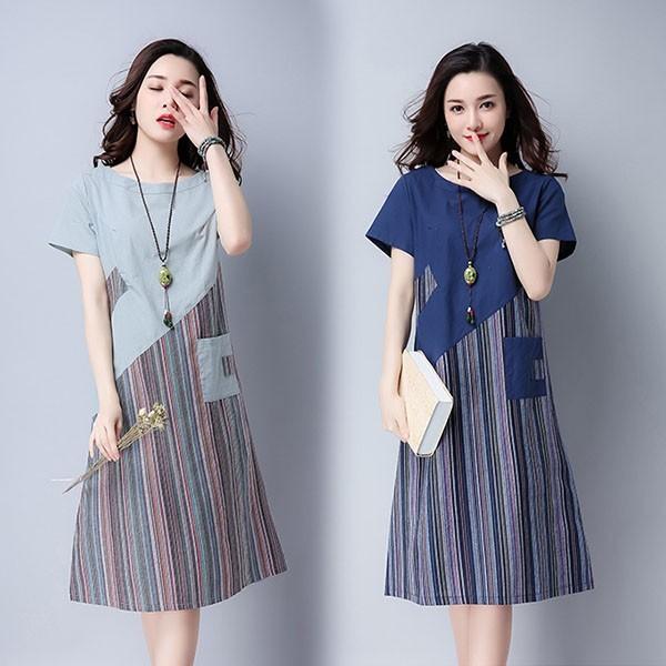 ワンピース レディース 40代 きれいめ 夏 膝丈ワンピース Aライン 半袖 棉麻ワンピース ストライプ カジュアル ゆったり 韓国風 オシャレ 通勤 大人 上品 着痩せ Y アユストア 通販 Yahoo ショッピング