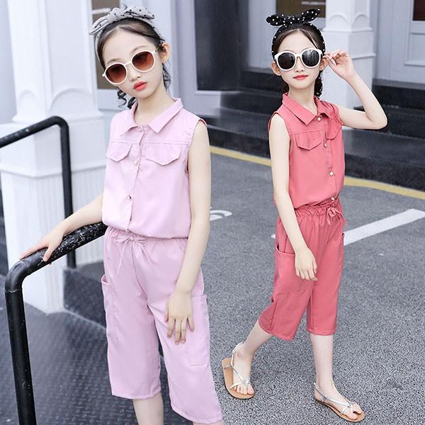 子供服 セットアップ 女の子 韓国子供服 キッズ ジュニア 夏 上下セット 2点セット ノースリーブ Tシャツ 折り襟 七分パンツ 無地 可愛い おしゃれ 通学着 Y アユストア 通販 Yahoo ショッピング