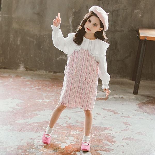 子供服 セットアップ キッズ 女の子 長袖 春秋 上下セット 韓国子供服 ジュニア ブラウス シャツ 無地 膝丈スカート チェック カジュアル 可愛い おしゃれ 新品 Y アユストア 通販 Yahoo ショッピング