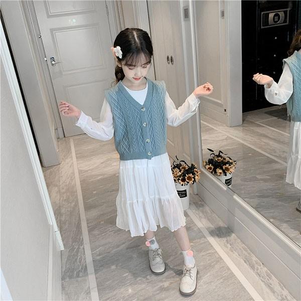 子供服 ワンピース キッズ 女の子 長袖 おしゃれ 秋冬 韓国子供服 ジュニア 2点セット ベスト ニットセーター 子供ドレス Dress カジュアル 可愛い 通学着 新品 Y アユストア 通販 Yahoo ショッピング