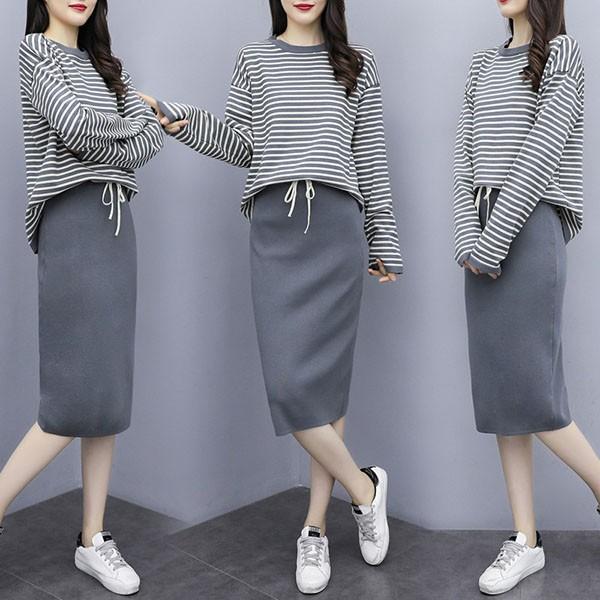 セットアップ レディース 秋冬 40代 代 カジュアル 長袖 2点セット スカート 膝丈 トップス Tシャツ ニット ストライプ 大きいサイズ おしゃれ 上品 着痩せ Y アユストア 通販 Yahoo ショッピング