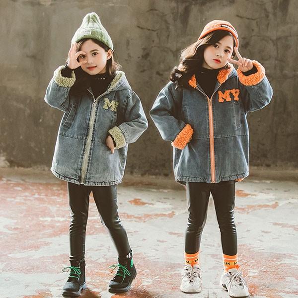 子供服 女の子 子供コート キッズ 秋冬 デニムコート 厚手 裏起毛 アウター 冬コート ロングコート キッズコート フード付き カジュアル おしやれ 暖かい 防寒 Y4515 アユストア 通販 Yahoo ショッピング