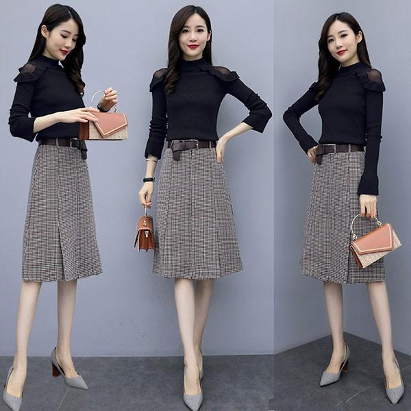 セットアップ レディース 秋冬 40代 30代 カジュアル 長袖 2点セット ニットセーター 膝丈スカート チェック柄 大きいサイズ おしゃれ 上品 着痩せ 通勤 韓国風 Y アユストア 通販 Yahoo ショッピング
