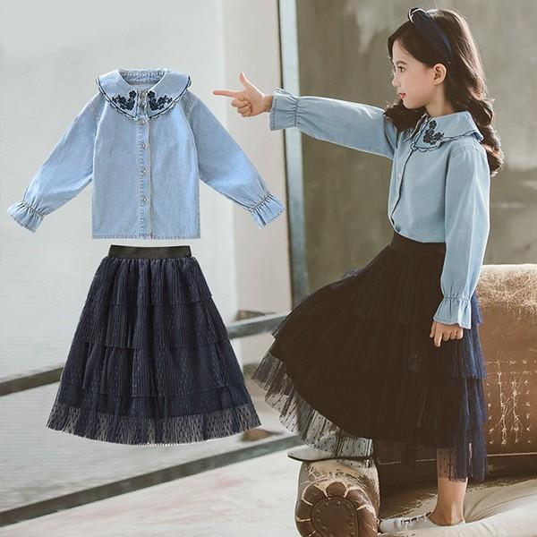 子供服 セットアップ キッズ 女の子 春秋 長袖 上下セット 2点セット トップス ブラウス デニムシャツ スカート レース ジュニア おしゃれ 可愛い 新品 150 160 Y アユストア 通販 Yahoo ショッピング
