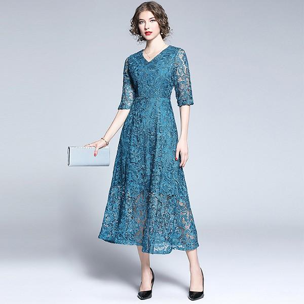 パーティードレス 結婚式 40代 30代 ロング 袖あり 半袖 韓国風 大きいサイズ フォーマルドレス レースワンピース Vネック お呼ばれ 二次会 披露宴 謝恩会 上品 Y アユストア 通販 Yahoo ショッピング