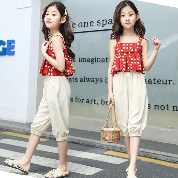 子供服 セットアップ キッズ 女の子 春夏 2点セット 上下セット Tシャツ キャミソール ドット柄 七分丈パンツ 薄手 おしゃれ カジュアル 涼しい 可愛い 新品 150 Y4533 アユストア 通販 Yahoo ショッピング