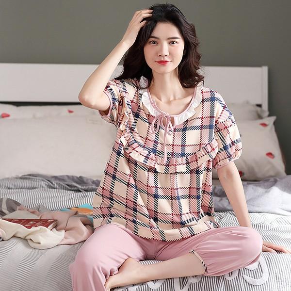 パジャマ レディース 夏 半袖 綿素材 ルームウェア 2点セット Tシャツ 七分丈パンツ 薄手 チェック柄 寝巻き 部屋着 快適 体型カバー 大きいサイズ 可愛い 新品 Y4536 アユストア 通販 Yahoo ショッピング