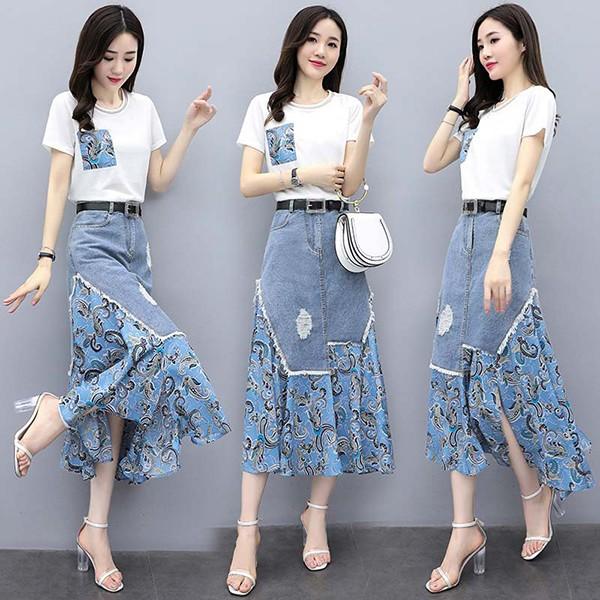 セットアップ レディース 夏 カジュアル 40代 30代 韓国風 2点セット 上下セット Tシャツ 半袖 デニムスカート 花柄 ロング 大きいサイズ おしゃれ 着痩せ 新品 Y アユストア 通販 Yahoo ショッピング