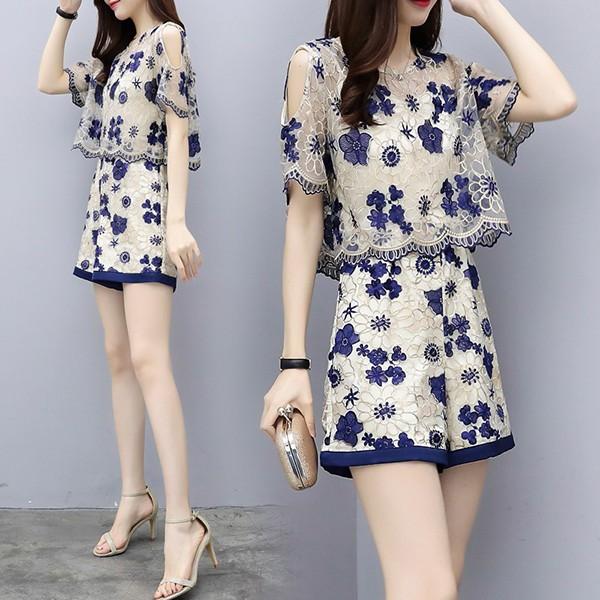 セットアップ レディース 夏 カジュアル 40代 30代 韓国風 3点セット 上下セット トップス 半袖 刺繍 花柄 ショートパンツ 大きいサイズ おしゃれ 着痩せ 通勤 Y アユストア 通販 Yahoo ショッピング