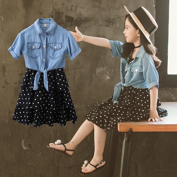 子供服 セットアップ キッズ 女の子 夏 2点セット 上下セット デニムシャツ 半袖 ワンピース ドット柄 ジュニア おしゃれ 可愛い カジュアル 小学生 新品 150cm Y アユストア 通販 Yahoo ショッピング