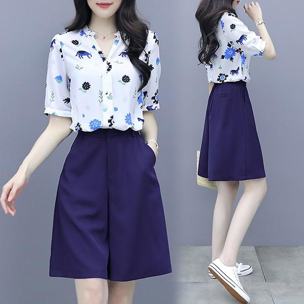 セットアップ レディース 夏 カジュアル 40代 30代 韓国風 上下セット シャツ 半袖 シフォン ガウチョパンツ きれいめ 大きいサイズ おしゃれ 着痩せ 通勤 新品 Y4545 アユストア 通販 Yahoo ショッピング
