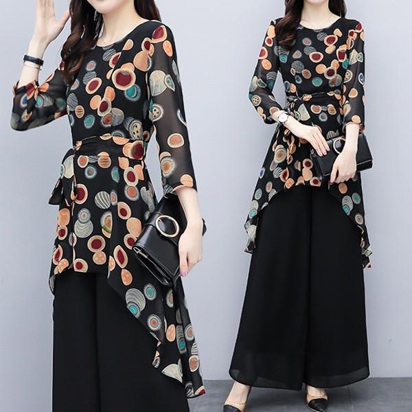 セットアップ レディース 夏 カジュアル 40代 30代 韓国風 上下セット トップス ロング シフォン ガウチョパンツ 大きいサイズ おしゃれ 着痩せ 通勤 Ol 新品 Y4547 アユストア 通販 Yahoo ショッピング