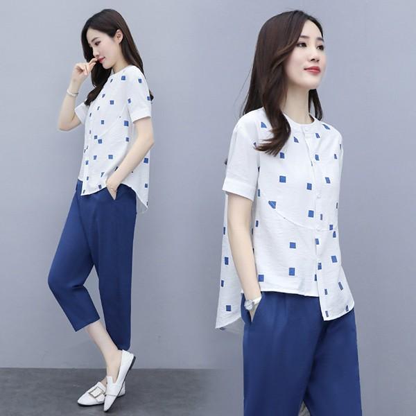 セットアップ レディース 夏 カジュアル 40代 30代 韓国風 上下セット シャツ 半袖 綿麻 ドット柄 七分丈パンツ 大きいサイズ おしゃれ 着痩せ 通勤 Ol 新品 Y4548 アユストア 通販 Yahoo ショッピング
