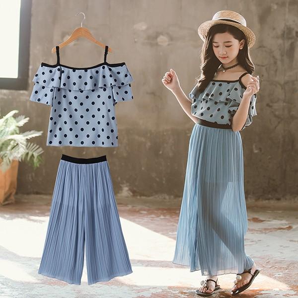 子供服 セットアップ キッズ 女の子 夏 2点セット 上下セット ブラウス 半袖 肩出し ドット柄 ガウチョパンツ シフォン ジュニア おしゃれ 可愛い カジュアル Y アユストア 通販 Yahoo ショッピング
