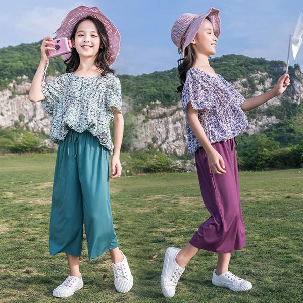 子供服 セットアップ キッズ 女の子 夏 2点セット 上下セット Tシャツ ブラウス 半袖 花柄 ガウチョパンツ ジュニア おしゃれ 可愛い カジュアル 小学生 新品 Y アユストア 通販 Yahoo ショッピング