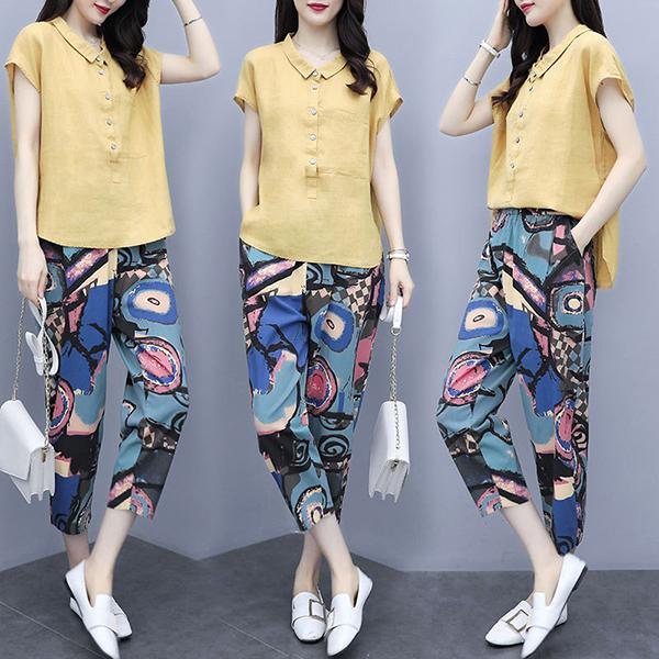セットアップ レディース 夏 カジュアル 40代 代 おしゃれ 上下セット ブラウス シャツ 半袖 綿麻 九分丈パンツ 花柄 大きいサイズ 韓国風 着痩せ 通勤 新品 Y アユストア 通販 Yahoo ショッピング