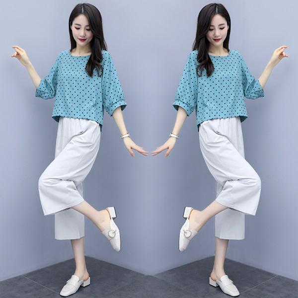 セットアップ レディース 夏 カジュアル 40代 代 おしゃれ 上下セット ブラウス Tシャツ 五分袖 ドット柄 ガウチョパンツ 大きいサイズ 韓国風 着痩せ 通勤 Y アユストア 通販 Yahoo ショッピング