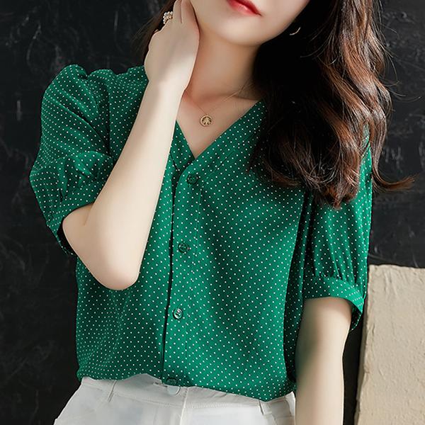 ブラウス レディース 半袖 40代 代 オフィス 夏 おしゃれ 韓国風 トップス シャツ Vネック ドット柄 きれいめ 大きいサイズ カジュアル 大人 通勤 上品 着痩せ Y アユストア 通販 Yahoo ショッピング