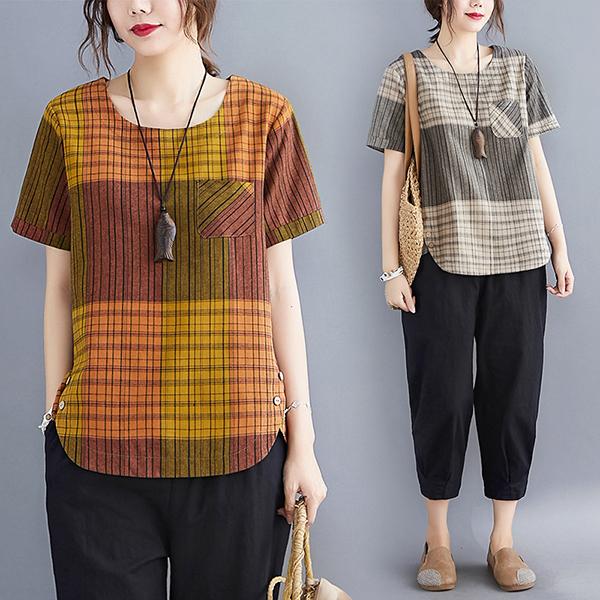Tシャツ レディース 半袖 安い おしゃれ 韓国風 夏 40代 きれいめ トップス 半袖tシャツ チェック柄 カジュアル 体型カバー 大きいサイズ 着痩せ 大人 通勤 新品 Y アユストア 通販 Yahoo ショッピング