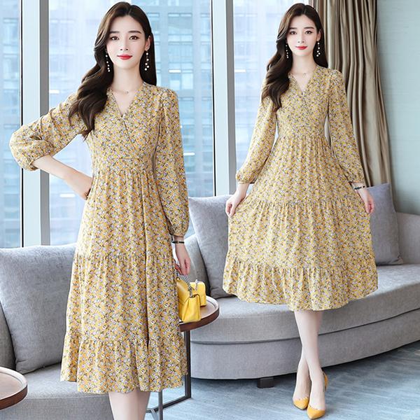 ワンピース レディース 40代 代 春秋 長袖 きれいめ 上品 シフォンワンピース 花柄 Vネック 大きいサイズ パーティードレス おしゃれ 韓国風 着痩せ 通勤 新品 Y4551 アユストア 通販 Yahoo ショッピング