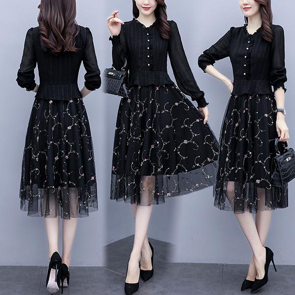 ワンピース レディース 40代 代 春秋 長袖 きれいめ 上品 シフォンワンピース 花柄 チュール 大きいサイズ パーティードレス おしゃれ 韓国風 着痩せ 通勤 Ol Y アユストア 通販 Yahoo ショッピング